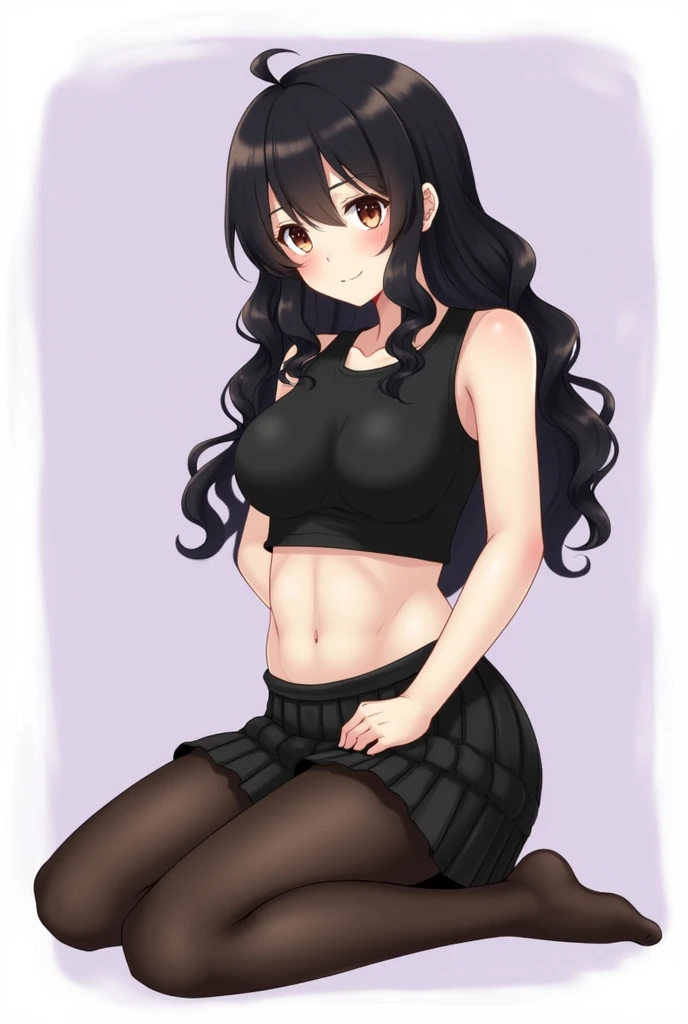 masterpiece, best quality,1girl,solo,kirasaka sayaka,brown hair,long hair,ponytail, hair ribbon, green eyes,,purple thighhighs, wariza, (bikini).