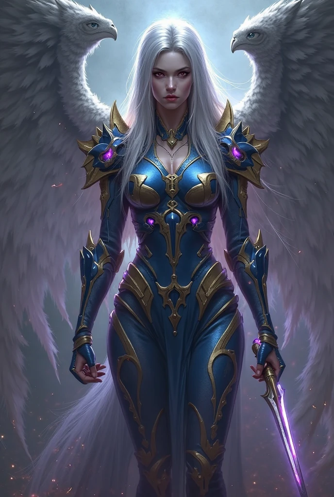 (masterpiece, top quality, best quality, official art, beautiful and aesthetic:1.2), (1girl:1.3), extremely long curly golden hair, extremely detailed, portrait, looking at viewer, solo, (full body:0.6), detailed background, close up, (cool science fiction space theme:1.1), extremely busty valkyrie, charlatan, mysterious, shooting lasers in space, cybernetic angel, huge feathered wings, chrome boob armor, dark purple streamers and skirts and sleeves and knee wrappings, cybernetic implants, mechanical hand, laser cannon, arm cannon, revealing chrome armor, bare midriff, glowing laser energy, halo, intricate armor, ornate chrome armor, sheer white fabric, elegant purple fabric, skirts, streamers, cowl, boots, bracers, ((((gigantic breasts)))), slim waist, slim hips, long legs, athletic, SPACE, futuristic moon, (space exterior:1.1) background, dark mysterious lighting, shadows, magical atmosphere, dutch angle