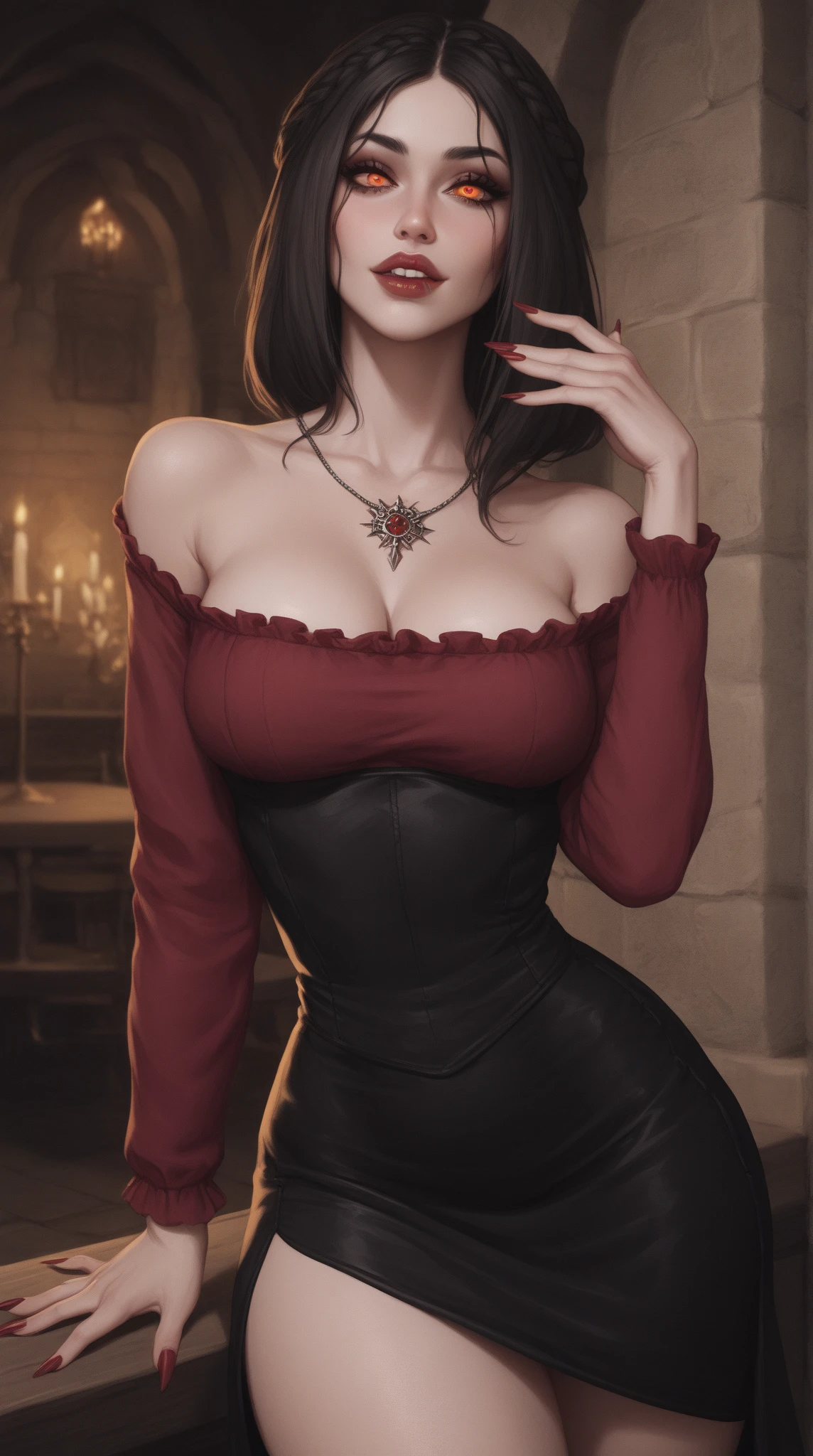 8k,(Sharp focus:1.1) reina vampiro,((Su boca estaba cubierta de sangre)), gota de sangre, Cabello manchado de sangre, ruby tiara, vestido con cordones, El escote es seductor, mirando, sombra oscura, intensidad, fanatismo, 8k, alta calidad, detalles intrincados, escote de cerca, ojos rojos brillantes,Puedes ver al vampiro.tetas grandes colmillos,Enfatiza el escote,Vampire fangs from the mouth of a manic smile.,A high resolution,Super realistic skin,Maniacal,pelo mohawk rojo brillante,desnuda