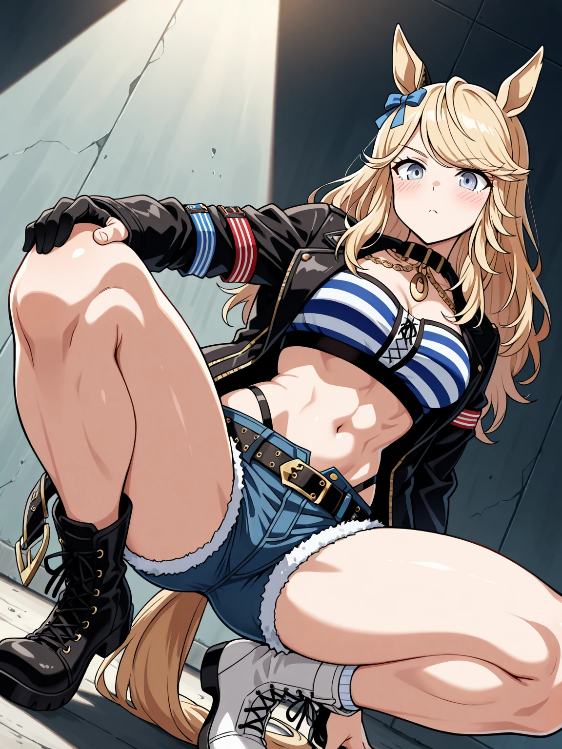 One beautiful woman, beautiful anime face, blonde, tall, long hair, smile, black police hat, white tank top, navel showing, side showing, torn denim shorts, crotch emphasis, spread legs, bedroom, super high quality