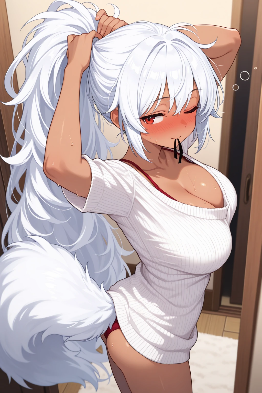 (masterpiece, best quality, detailed), 1girl, solo, GhislaineDedoldiaNDV, grey hair, red eyes, animal ears, cat ears, tail, large breasts, very long hair, dark skin, muscular female, dark-skinned female, eyepatch, scar on cheek,
pajamas, sleepy, nightcap, indoors, bathroom, tile wall, bathtub, sink, standing, ((stretching)), arms up, arched back, one eye closed, closed mouth