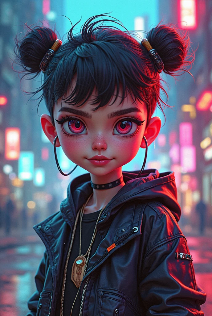 toddler, cyberpunk, neon, 8k, --v 4 change background cyberpunk , realistic face, 8k, ultra realistic Cartoon qut girls