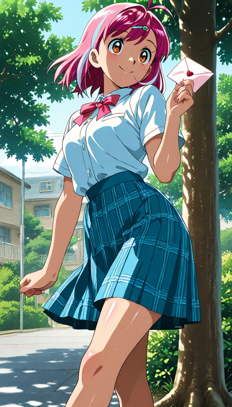 pink hair, ponytail, short hair, cat ears, cat tail,  outfit, tied top, cleavage, kneeling, in garden, flowers, fence, looking at viewer, thick thighs, (masterpiece), (best quality:1.2), absurdres, intricate details, (highly detailed skin:1.2),