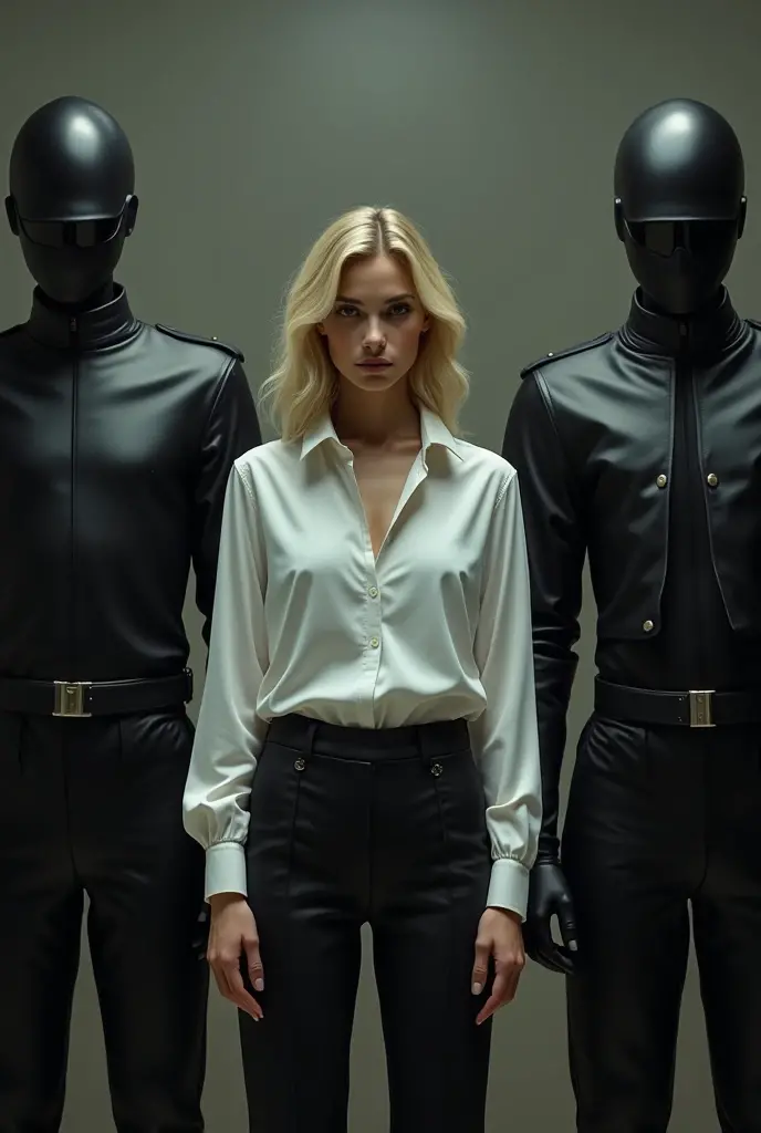I didn't know what I was facing, But what she saw left her speechless.: There were three guards in dark clothes., It looked like metal or something similar. They looked very uncomfortable., In the middle there was a young man a little shorter than them. Her hair was blonde and she wore very elegant clothes., a very well buttoned white shirt, and some pants of another style.
