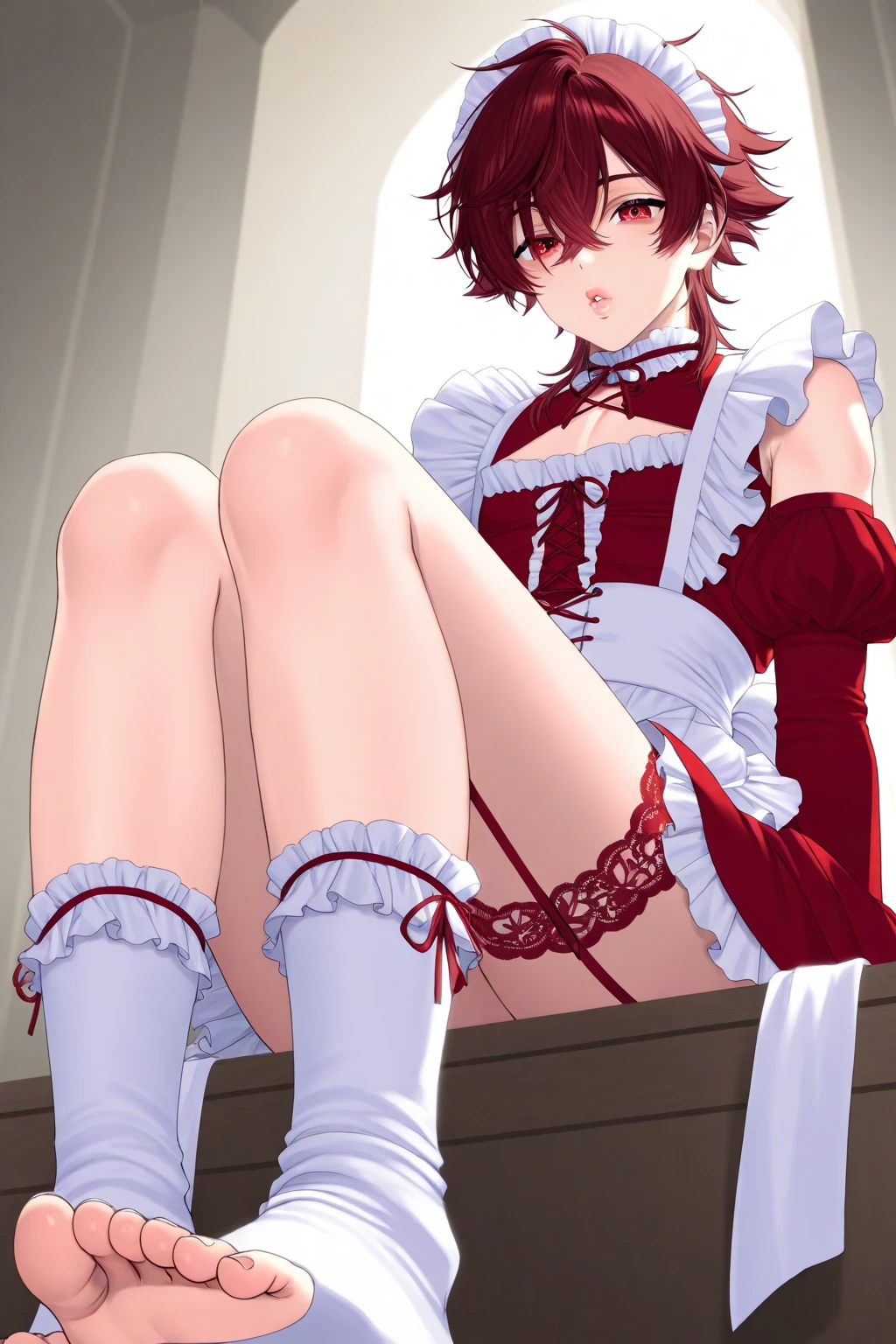 black dress, red panties, black and red striped tights, black fur , short hair, black lipstick, in a bed in a castle, I would be, black dress, sad look, splashed with semen on her panties.
