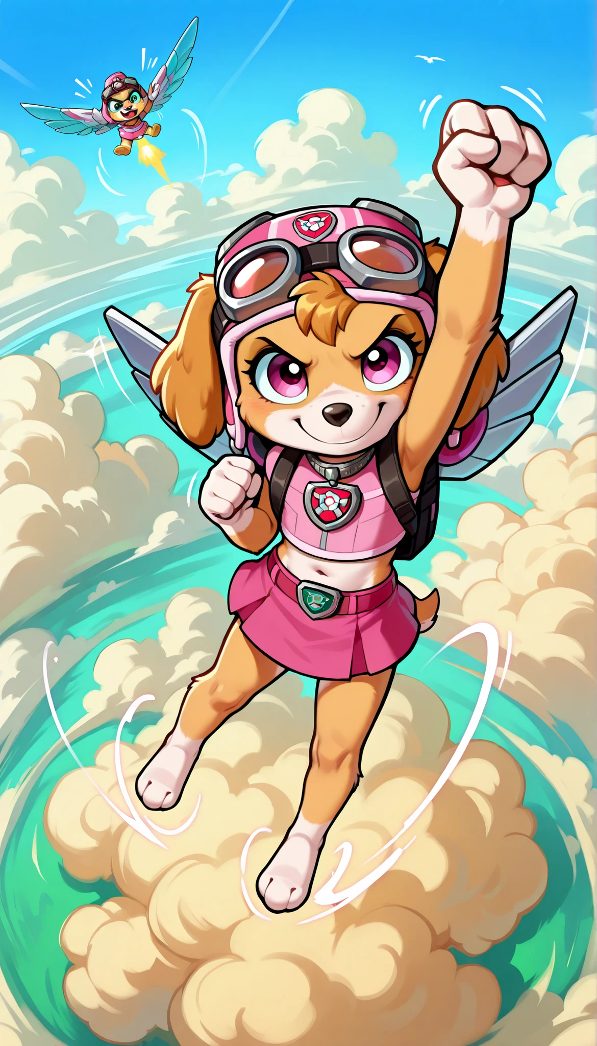 score_9, score_8_up, score_8, 1girl, source_cartoon, source_furry, skyepp, dog, furry, toddler, skye, paw patrol, cute face, 4 fingers, ((goggles, pink pilot hat, Skye collar, pink top, midriff, pink mini skirt, barefoot)), clear sky on background, clouds, confident face, skinny, thin body, full body, feets with three toes, flying with mechanical wings on backpack, fly pose, one arm up, high angle view, bird eye view, motion lines, angry, smile, floating, fly effect,