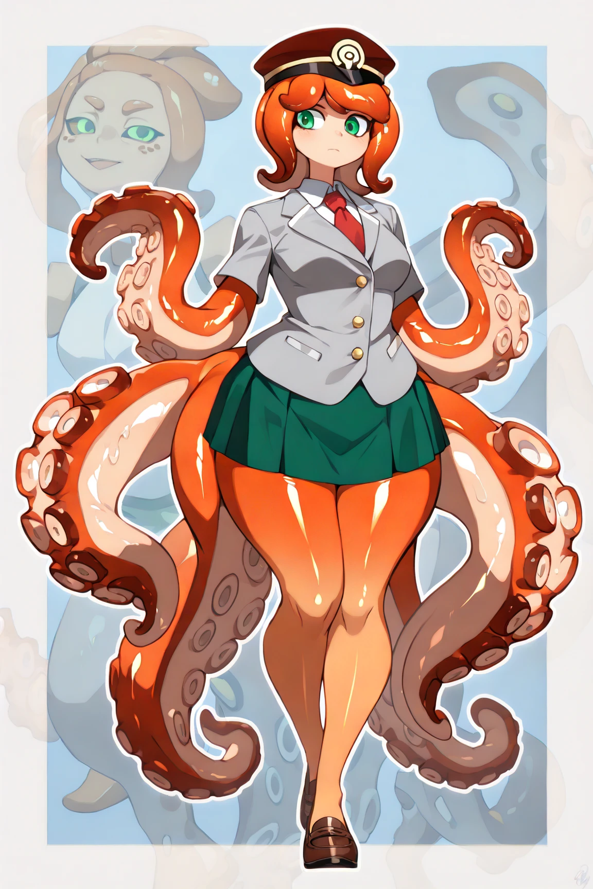 ((best quality)), ((highly detailed)), masterpiece, extremely detailed face, beautiful face, (detailed eyes, deep eyes), (1girl), (glasses), multiple views, upper body, <lora:aiomonstergirls_loraLocon:1>, (((scylla))), (((octopus girl))), standing, (tentacles:1.33), (suction cups:1.33), (fused:1.33), ((tentacle legs)), medium breasts, (skirt), underwater, (in a mausoleum), <lora:A3D_Beta:1>