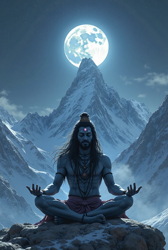 a man (fit big body )sitting on mountain flight shiva, lord shiva, god shiva the destroyer, hinduism, hindu gods, neck around snake , devainart, by Max Dauthendey, shakti, beautiful depiction, goddess art, inspired by Kailash Chandra Meher, hindu art, hindu god, nirvana, vish ,devi Parvati and bhagavan shiv shankar (hindu)
,dark maditation position