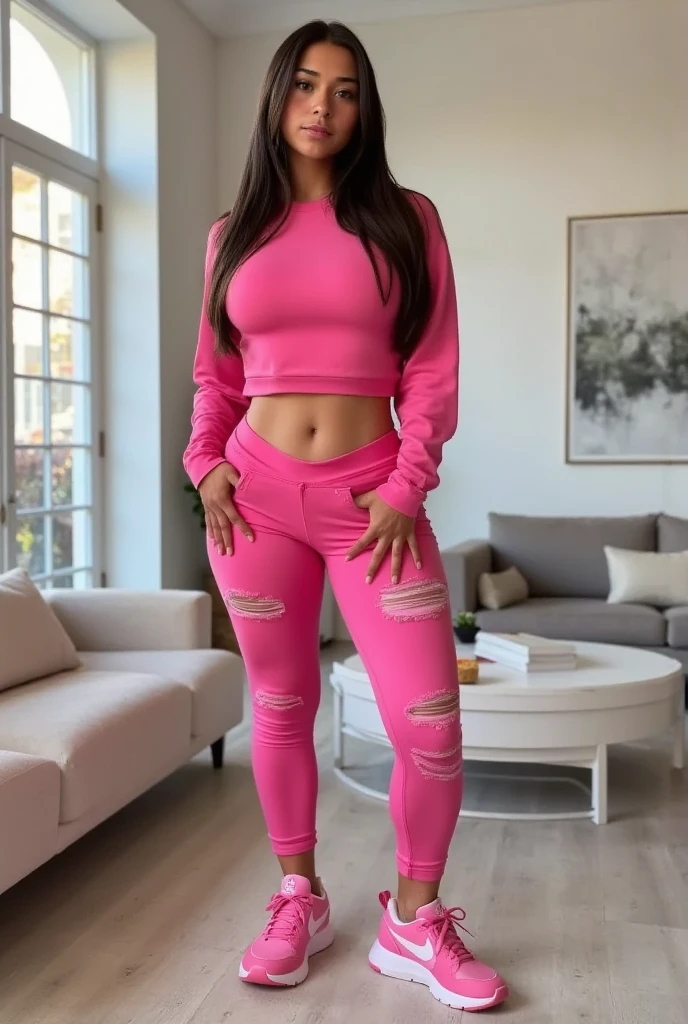 30 year old Peruvian Latin lady, Skinny body, thin, sexy curves, hourglass curves, hourglass figure, hourglass body, short stature, Skinny body, short black hair, hair with bun, tight pink pants, top with large t-shirt, wide legs, small waist, shapely hips