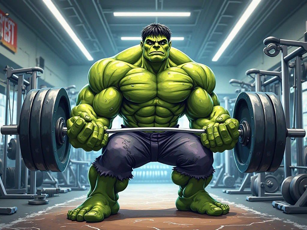 muscular male bodybuilder, green skin, veins popping, intense expression, gym equipment, weights, barbells, fitness center, bodybuilding, superhuman strength, powerful, ripped, shredded, ultra-detailed, (best quality,4k,8k,highres,masterpiece:1.2),ultra-detailed,(realistic,photorealistic,photo-realistic:1.37), dramatic lighting, intense colors, dynamic pose, cinematic