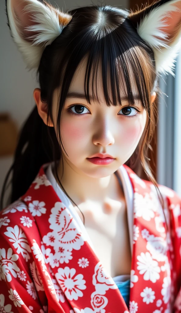 ((Wear only one layer))、((Small breasts))、((Wear only one layer))、((Small breasts))、((Highest quality、8K、masterpiece))、Sharp focus:1.2、(Fox Ears))、Cute 10 year old girl with perfect body shape:1.4、((Dark brown hair))、(White button closure)shirt、jeans:1.1)、street:1.2、Highly detailed face and skin texture、fine grain、double eyelid、shoulder、Close-up of a woman in a kimono posing for a photo))、((Colorful kimonos))、Japan、Drawing attractive anime girls。Cleavage,Sitting、((Spread your legs)),