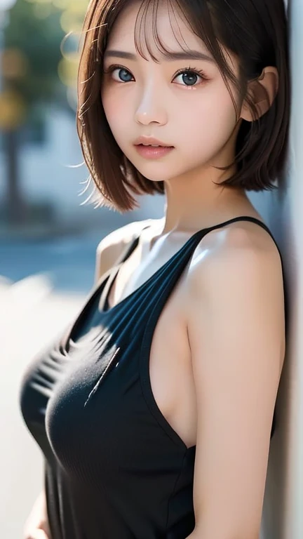 ((Highest quality, 8K, masterpiece :1.3)), Sharp focus :1.2, Beautiful woman with perfect figure :1.4, Slim Abs :1.2, ((Big Breasts, Emphasize cleavage:1.3)), (Photorealistic:1.4), (realistic:1.4), (Black Hair, Bobcut&short hair:1.5), Highly detailed face and skin texture, Fine grain, double eyelid. Makeup face. A little bit of lipstick, necklace, Earrings, sex appeal, Sexy gravure pose, ((Woman in hot pants and tank top、The background is a summer festival、Happy smile、ponytail、Pulling up her tank top to show her bra: 1.3)