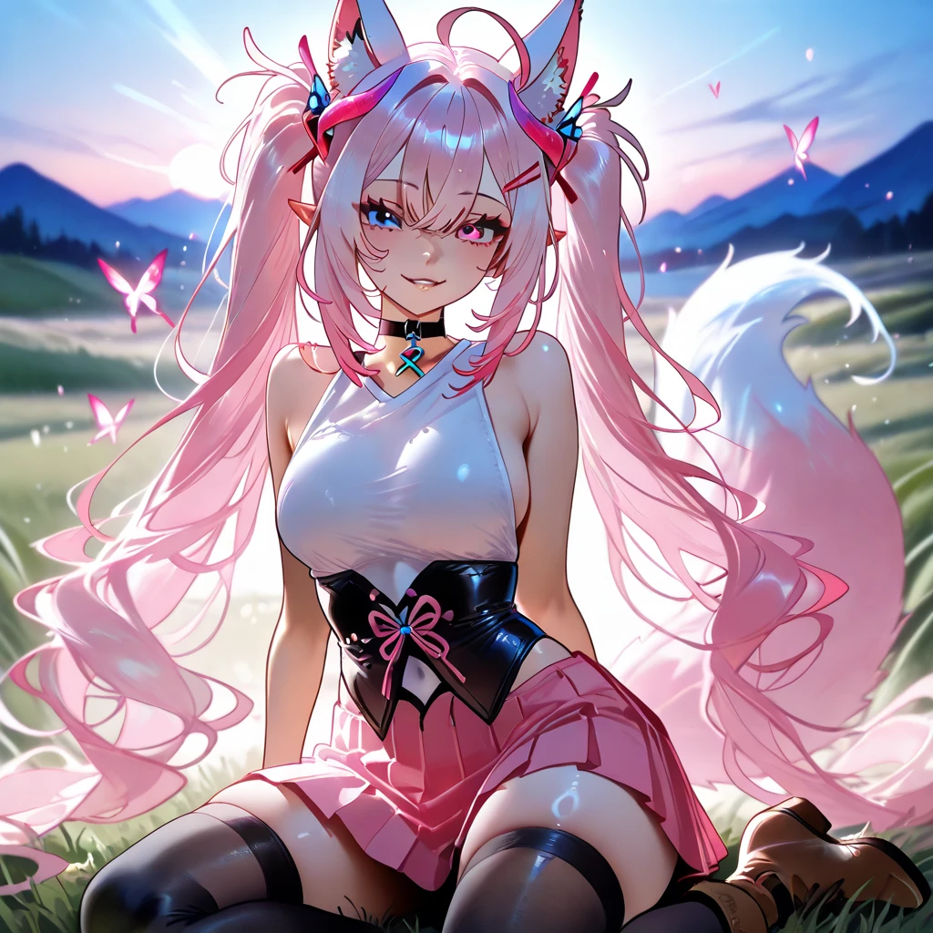 Funtime Foxy from fnia,Gros seins, Oreilles de Renard, Yeux Roses, Cheveux Très Longs, Cheveux Roses, elle porte un veste blanc et rose au millieux, et une queue de renard,