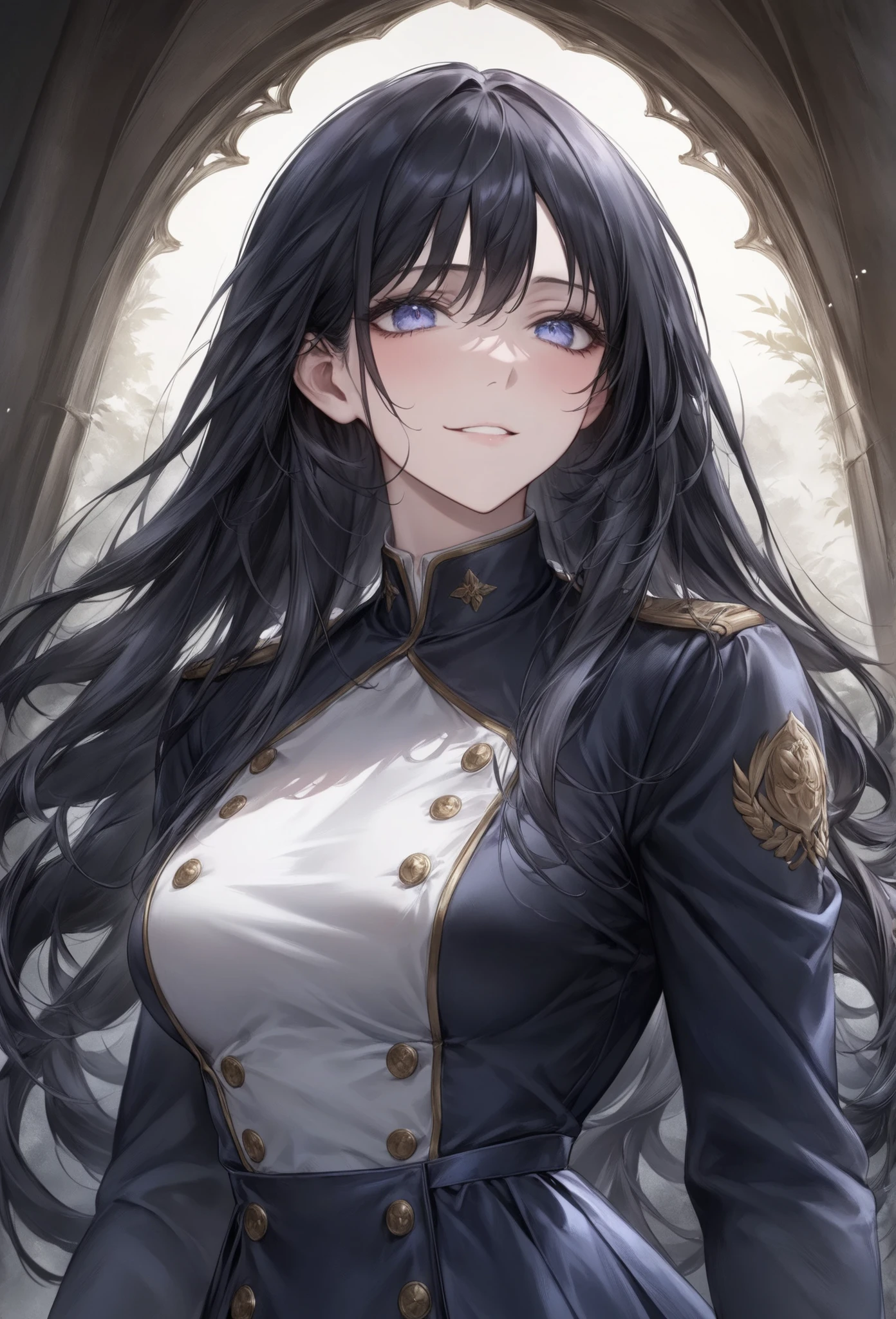 score_9, score_8_up, (masterpiece, top quality, best quality, official art, beautiful and aesthetic:1.2), (8k, best quality, masterpiece:1.2), (((masterpiece))), (((best quality))), (((extremely detailed))), illustration, (masterpiece, top quality, best quality, official art, beautiful and aesthetic:1.2), (8k, best quality, masterpiece:1.2), see-through, source_anime, 1girl, adult, ((dark hair)), dark hair, ((intimidant look)), ((close-up)), blue eyes, uniform, sexy, dark colors, brillant eyes, ((wavy hair)), perfect hands, ((intimidant look)), good anatomy, ((militar uniform)), emotionless, intimidant, ((beautiful eyes)), close up, ((detailed eyes)), beautiful eyes, ((detailed face)), arrogant smile, detailed face, full body, full body, evil smile