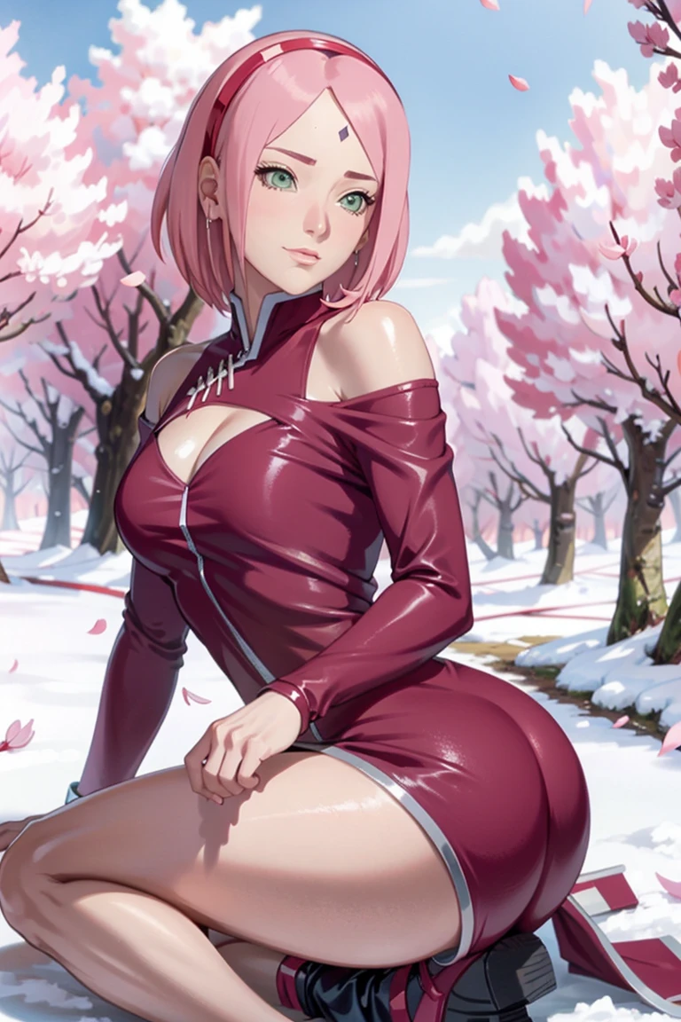 1girl, solo, full body,wearing armor,warrior armor, ancient armor, (((Pink armor boots))), masterpiece, (high detail:1 1), Rough face, Natural skin, high quality, NSFW, Sakura Haruno,Pink hair, short detailed hair,(headband), (forehead mark), Green eyes,(Big breasts:1.2 ),( smile:1.2),Face blush,(cleavage:1.4),Sexy figure, perfect bodies, beautiful eyes, (Detailed face and eyes), (face: 1 2), voices, Extra, real photo, ... ... ........... PSD, sharp focus, contrast lighting, Delicate skin, High definition 8K, incredible details, realistic, professional photo shooting, 8K UHD, SLR camera, soft lighting , high high quality, film grain, Fujifilm XT3, magic, particle FX, sideview, leggings, in the forest, dark forest, horror forest, cherry blossom petals, looking at viewer, ((nipples)), (((Show cameltoe))), (((Legs spread))), (((Legs opened))), (((Sitting on the bench))), (((foucs))), (((Sweaty body))), wet, (((Very wet))), (((close-up))), close up