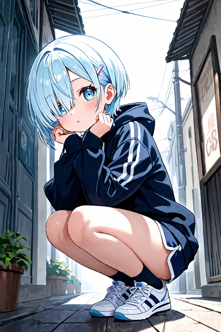 HD picture, lots of details, children's youthful style, strong and vibrant blue eyes, playground background, white Bob hairstyle 1boy sitting on the ground, wearing slim white hoodie and black knee socks, smiling, black shoes, depth of field, full body view, scissor hand gesture directly ahead.