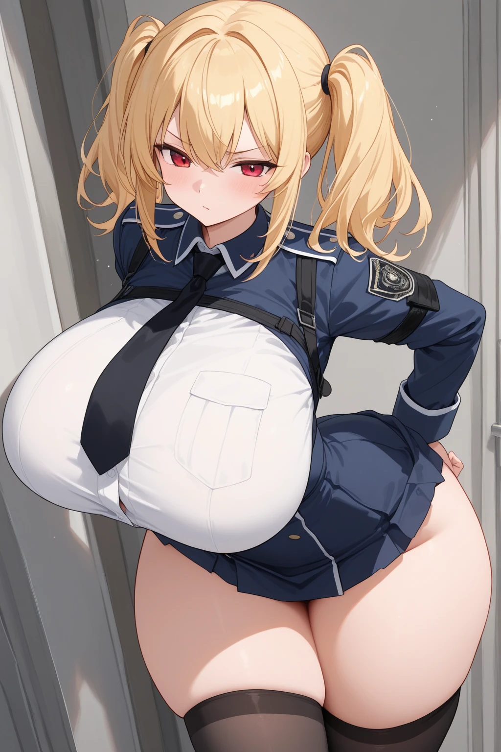 a beautiful 15 years old girl with blonde hair and blue eyes, wearing a police hat and police uniform, with a slim waist and curvy figure, highly detailed portrait, photorealistic, warm lighting, cinematic composition, Perfect sensual fitness body large breast and huge thighs, sexy ass beautiful.