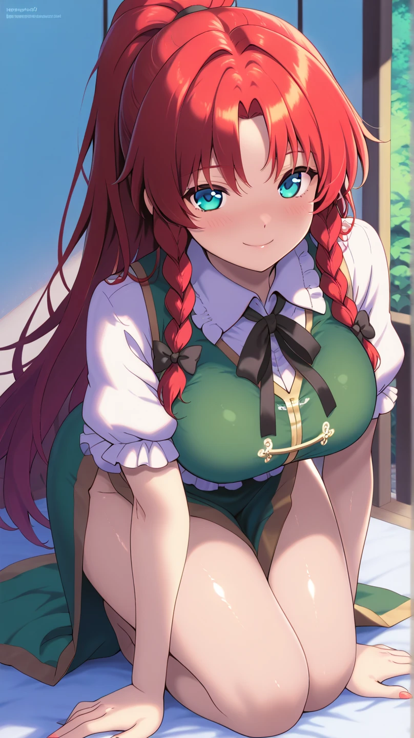 masterpiece, puuna, best quality, 1girl, solo, touhou, hong mejling, red hair, long hair, twin braids on face, blue eyes, green corset, green capelet, black thighhighs, high heels, golden corners, ((Full height)), Bunny pose, (hands between legs) adult, tall, (large breasts:0.7), slim, Smile, Open mouth, no background, White background