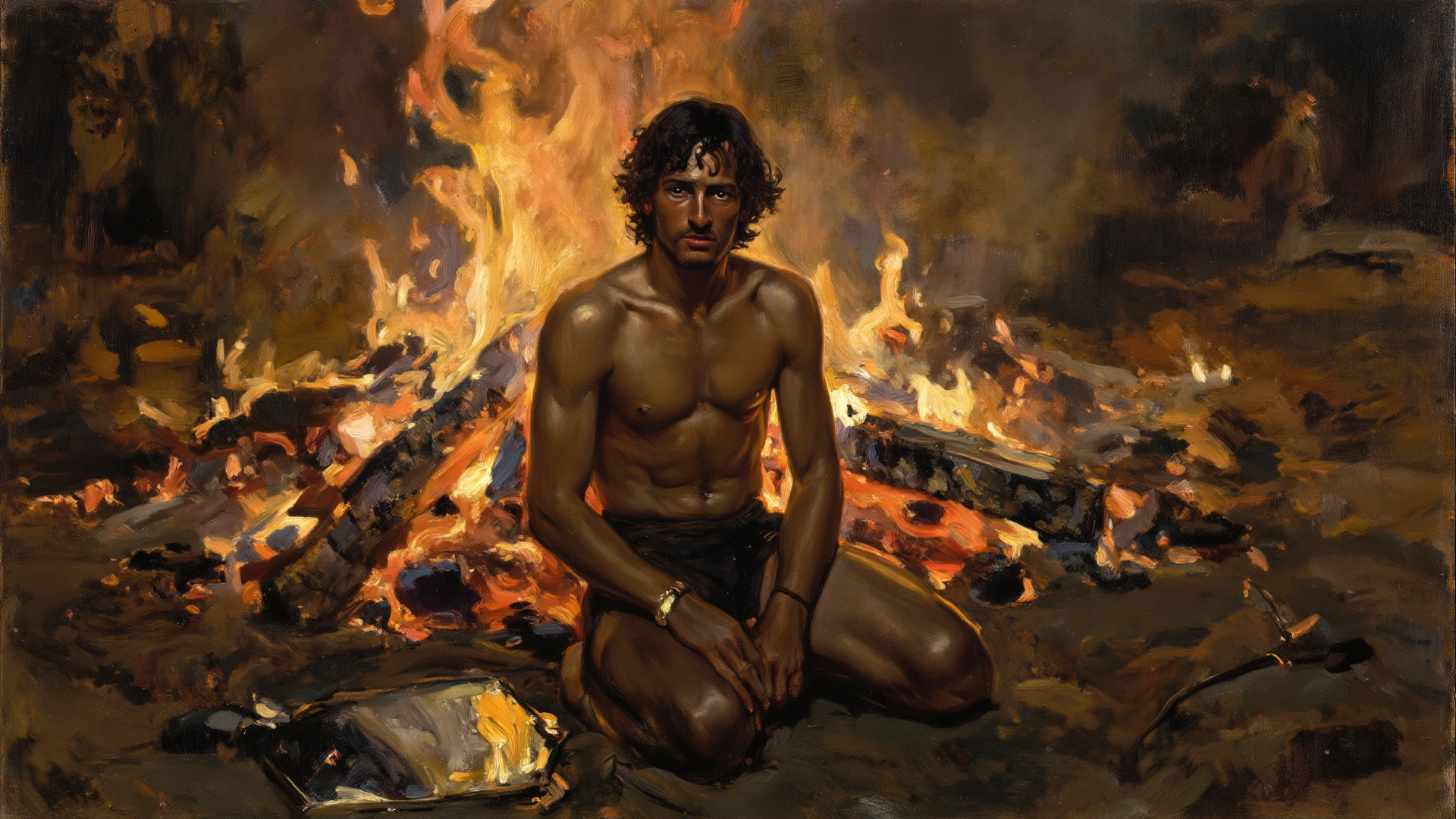 8K Realistic Oil Painting of People Suffering in Pits of Hell, En medio de la imagen Elon Musk con cuernos en la cabeza, Obra inspirada en el Infierno de Dante