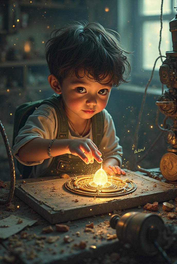 The boy jumps with the lamp in his hand and with the other right hand he has a bowl of fire.
