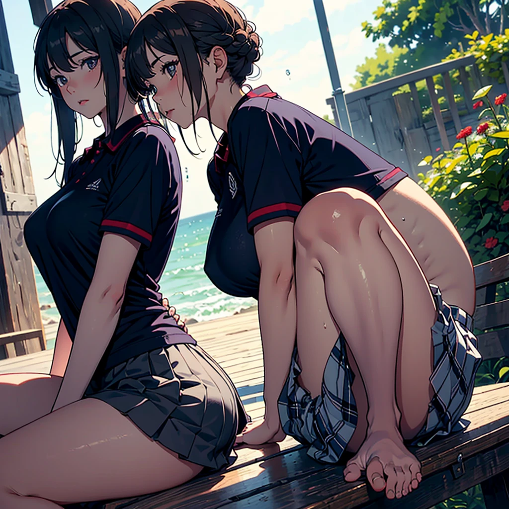 Best image quality, 8K, high quality, masterpiece:1.2), ((masterpiece)), (High detail, high quality, Best image quality), Bokeh, Depth of written boundary, Portraiture, Open Stance, (Cute illustrations:1.2), (Small breasts), In the poolside, a sunny day, whole body, Sitting, Beautiful light, (Two girls with different hair colors and hairstyles:1.3), (Dark Navy School Swimsuit,), Cute face girl, sexy, smile, Underarm, Bun hairstyle,