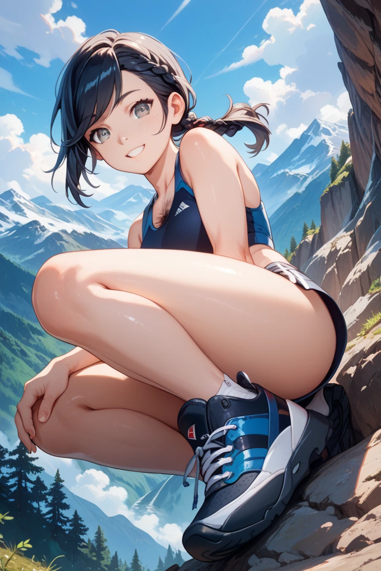 A young woman in a climbing outfit, with climbing equipment, tight shorts, black curls, tanlines, climbing on a mountain, beautiful face, full lips, wind in her hairhair, foto realistic, cameltoe, view from ground