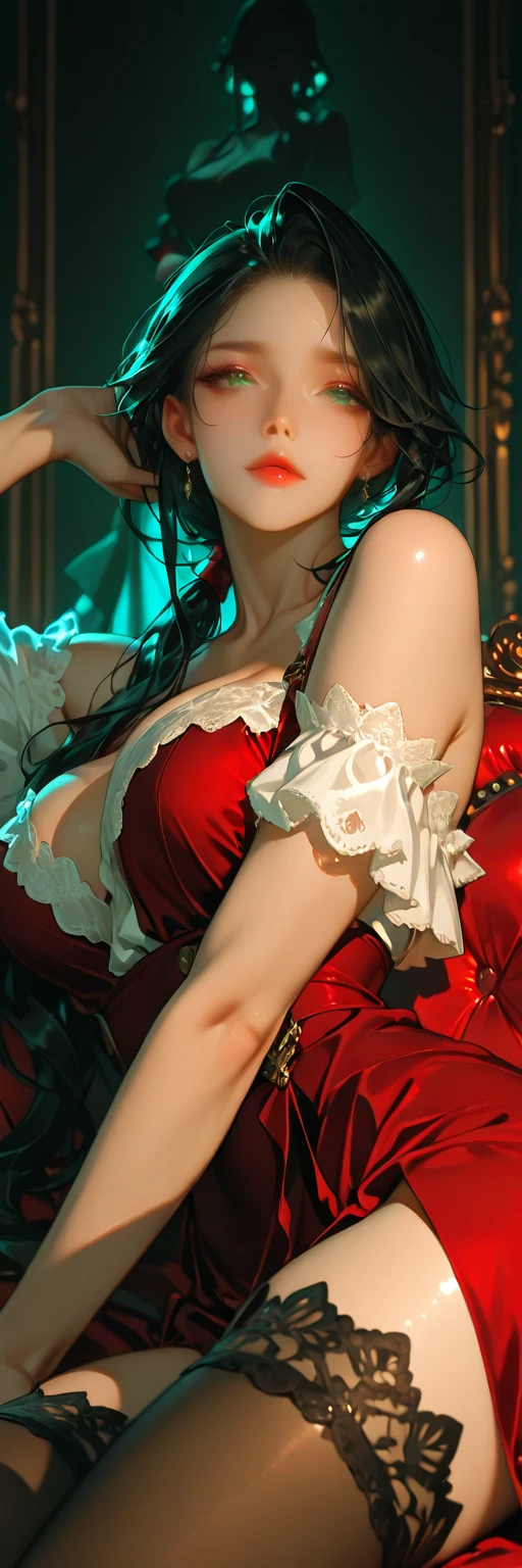 a beautiful anime close-up glamour portrait of a Vampire with a wide open smile and parted lips, goddess, Busty (deep cleavage), flirtatious smile, large fangs showing, gazing at the viewer, fantasy robe, short curly hair, green hair, anatomically correct, mid-twenties vampire priestess, short hair and olive skin, modeling in a great room, revealing clothes, WLOP. studio lighting, detailed skin, ultra, realistic, sharp features, highly detailed. Sharp focus, natural skin, natural skin texture, subsurface scattering, muted colors, skin pores, perfect face, perfect eyes, perfect full lips, supple female form, vivid, cinematic, Film light, Hyper detailed, Hyper-realistic, masterpiece, atmospheric, High resolution, Vibrant, High contrast, dark angle, 8k, HDR, 500px,