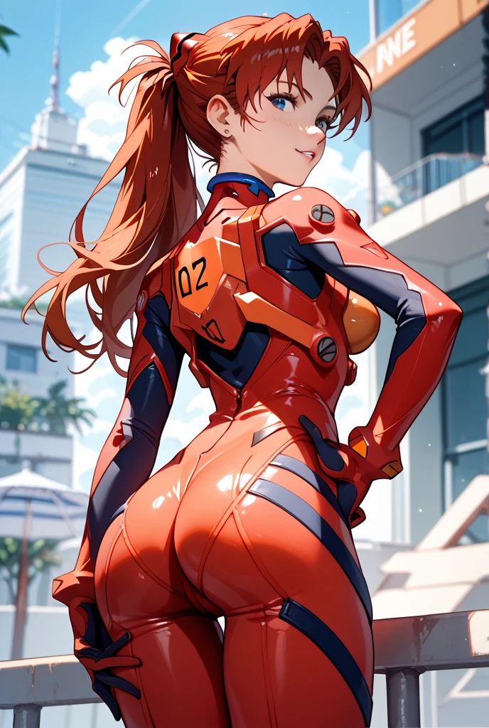 souryuu asuka langley, interface headset, red bodysuit, masterpiece, high detailed, high quality, good anatomy, blush, different poses, small height, small body, beautiful face, beautiful eyes, blush, detaikeet eyes, huge hips, high details hips, seductive poses, no letters, toned tummy, teeth smile, ass, from behind