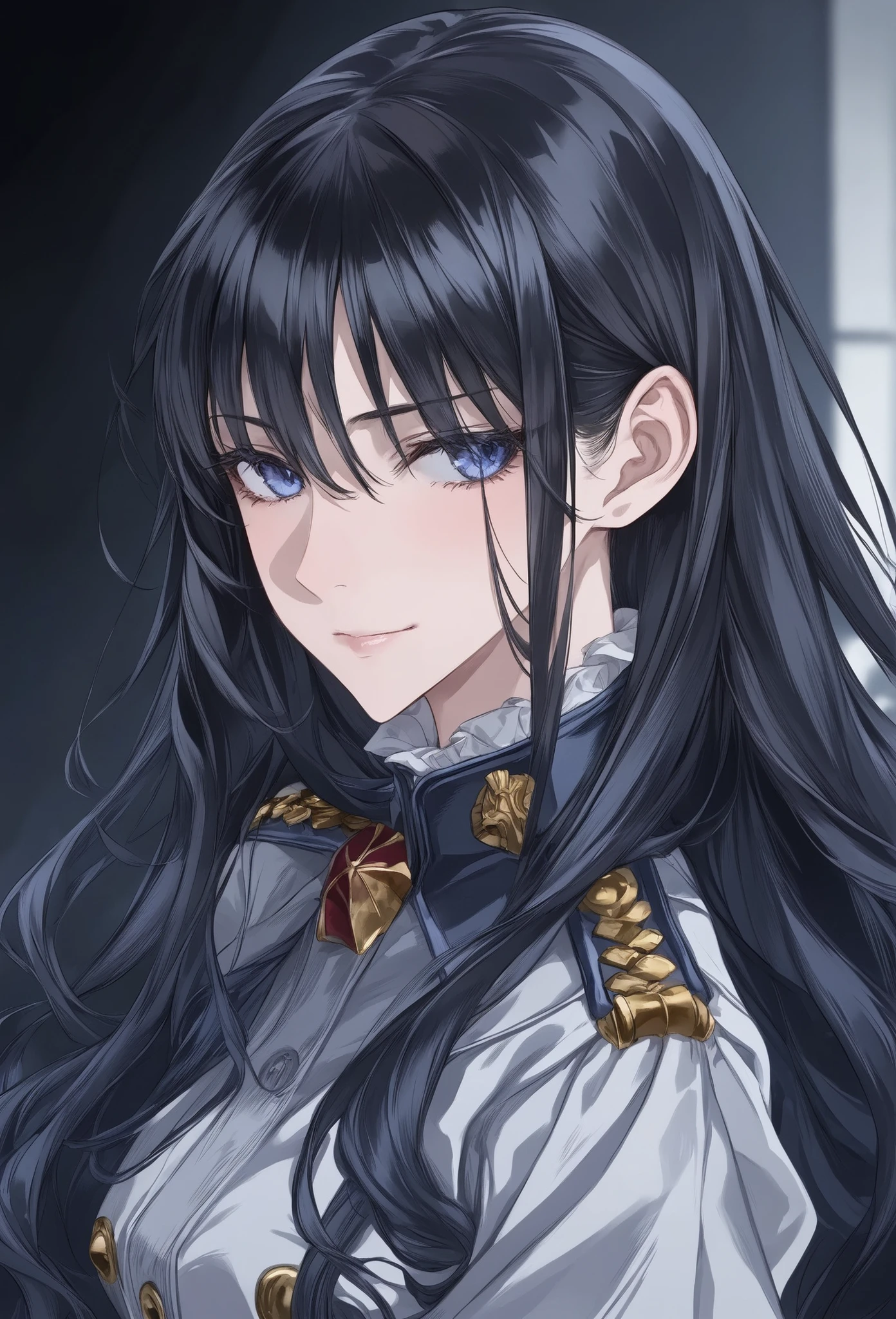 score_9, score_8_up, (masterpiece, top quality, best quality, official art, beautiful and aesthetic:1.2), (8k, best quality, masterpiece:1.2), (((masterpiece))), (((best quality))), (((extremely detailed))), illustration, (masterpiece, top quality, best quality, official art, beautiful and aesthetic:1.2), (8k, best quality, masterpiece:1.2), see-through, source_anime, 1girl, adult, ((dark hair)), dark hair, ((intimidant look)), ((close-up)), blue eyes, uniform, sexy, dark colors, brillant eyes, ((wavy hair)), perfect hands, ((intimidant look)), good anatomy, ((militar uniform)), emotionless, intimidant, ((beautiful eyes)), close up, ((detailed eyes)), beautiful eyes, ((detailed face)), arrogant smile, detailed face, full body, full body