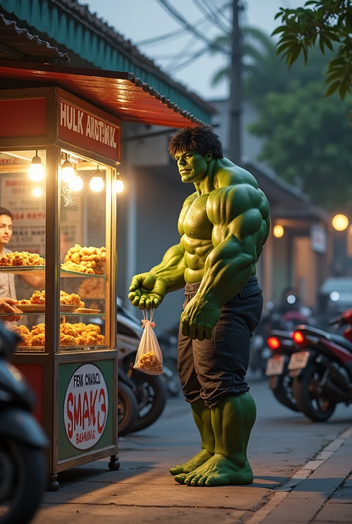 Hulk is pushing a cart filled with large gallons of water, gallantly walking through the streets of a traditional Indonesian market at night. The bustling market is alive with activity, illuminated by cinematic lighting that enhances the blue and gray tones of the scene. The contrast between Hulk's massive, green figure and the intricate details of the market environment creates a striking visual. The scene is rendered with high realism and detail, capturing the textures of Hulk's skin, the water gallons, and the market surroundings. The image is presented in ultra-high-definition, 16k resolution, showcasing every element with exceptional clarity and depth.