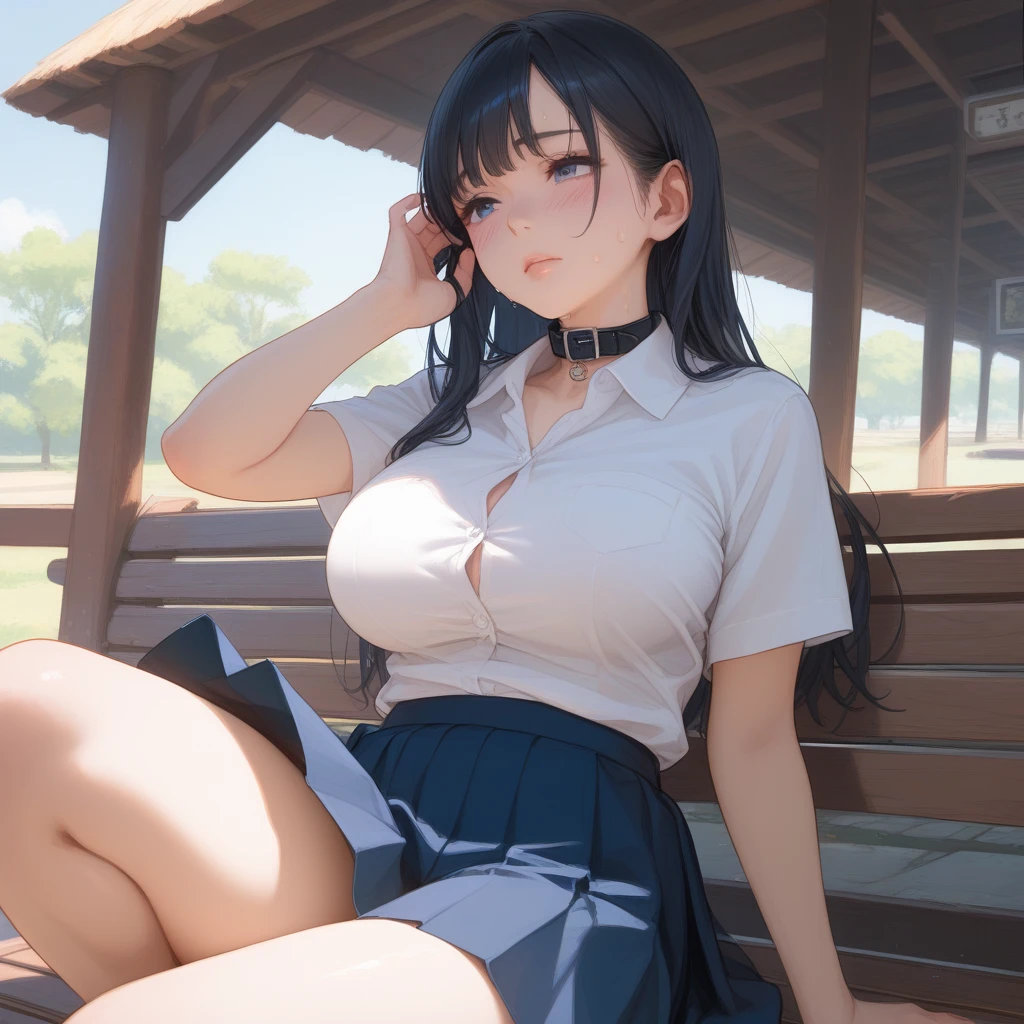 (((medium breasts))), ((best quality)), ((masterpiece)), (detailed), (((perfect face))), (((slender 16yo teen girl))), ((((topless)))) (((dark blue pleated skirt from waist to thighs))), ((French braid)), ((shy:1.3)), ((blushing:1.5)), ((skinny hips)), (((sitting at city bus stop))), ((((girl looking away)))), (((bare arms))), (((bare shoulders))), (((bare stomach))), (((skinny thighs))), (((shy arms)))