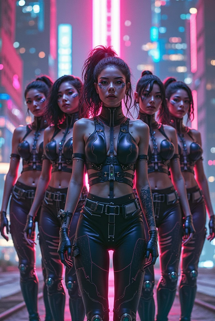 imagine a group of robot dancers in a futuristic Berlin techno club with peace signs on the walls.