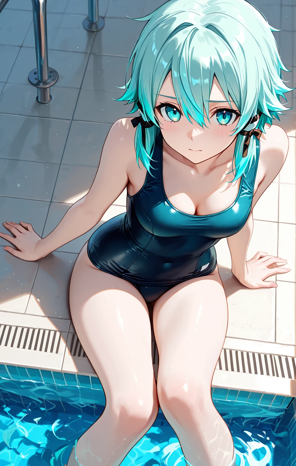 camel toe:1.4、Sweat、vapor、((protruding nipples:1.2)), (((long gloves:1.3)))、brown loafers、black calf length socks、Open your thighs wide to the left and right、squat、show off your crotch to the viewer, ((latex competitive swimsuit belly button exposed:1.3、(squat), spread your legs:1.3, arm behind head ))、12 years old、absurd、long light blue hair、flat lighting、elevation angle、sexy pose、highest quality、Complex、surreal、perspective, very detailed, detailed background, shape、1 girl、alone、((flat chest:1.4))、light smile, embarrassing, blush, (Poolside), (Sweat),