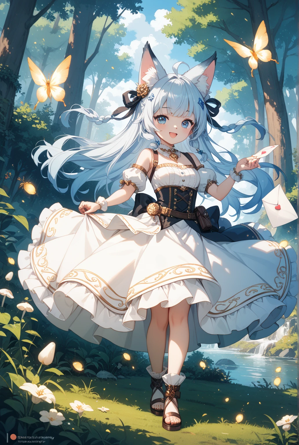 in woods White-eared long-eared rabbit、I'm with a girl with long blue hair and a chibi character。Cute white, green and blue cute costumes, White panty Dark eyes。Adorable Digital Painting, cute detailed digital art, the squirrel king, Cute digital art, cute cartoon characters, cute character, CuteCreatures, Cutie, official illustrations, Official art, squirrel, maplestory mouse, astri lohne, cute 3d render