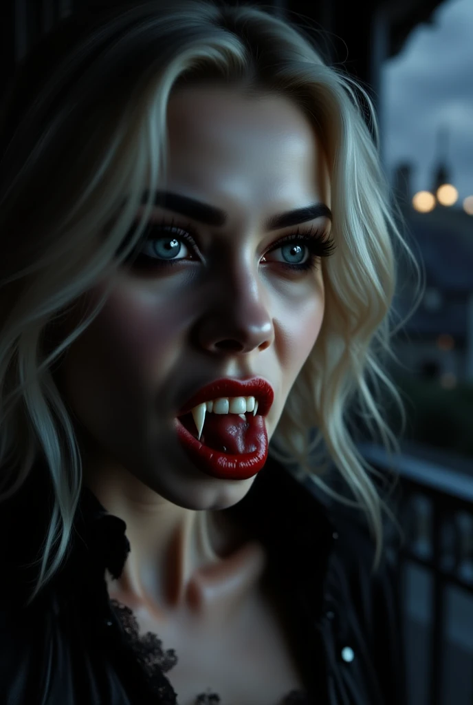 blonde girl big breasts 8k vampire eyes , getting biten, by sexy vampire man, man is muscular. realistic ultra realisim, gettin biten, snake eyes, bloody mouth. focused,sharpe.