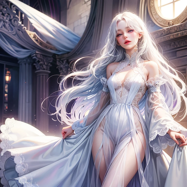 Paradise in Heaven, White lighting,(muste piece), (best quality), (cinematic), 8K, (art station), Li Yue painting style.(長いwhite hairとSilvery eyesを持つ1人の女), (beautiful delicate face)、[ Particle Lou Full Moon] [Frozen trees々] [landscape crystal] [great writing] [Ethereal Atmosphere]:1.1] [fantasy, short story] [soft great writing] [+cinematic shot]:1.2 [+art station] [+luminous white background] [+soft great writing] [soft glow] [Creative and dynamic angles]:1.3, [+Crystal Toning] 、muste piece, very detailed, Super detailed, solo, (pale skin), Silvery eyes, white hair, (snow background), (snowflake rosen flower:1.0), (shining crystal),, (Snowy ground), (White lashes), sexy woman、dreamy and detailed, Gorgeous setting, 妖しい雰囲気 muste piece, The most beautiful scenes, majestic、(((full of white flowers)))、quiet and serene atmosphere、attractive, all white tones,Inside the crystal library,Transparent flowers and falling snow，Many white roses are planted,(water flowing,waterfall,water bloom),The decoration is also carefully done.,dream（very detailedです，creative design，crisp and precise lines，K HD，best quality，T Masterpiece，超High resolution，In 4K）、Diverse poses、((beautiful white flower hair ornament))、beautiful hairstyle、(best quality, In 4K, 8K, High resolution, muste piece:1.2), Super detailed, detailed expression, graceful posture, expressive brush strokes, mysterious atmosphere, artistic interpretation,Delicate floral jewelry， (((Detailed design、Beautiful lace translucent dress、see-through small dress)))、(SFW:1.5), (oversized breasts, best body proportions, proportions of large breasts,:1.5),(white decoration on thigh)、((Beautiful crystal accessories on the legs))。((Beautiful crystal accessories on the arm))