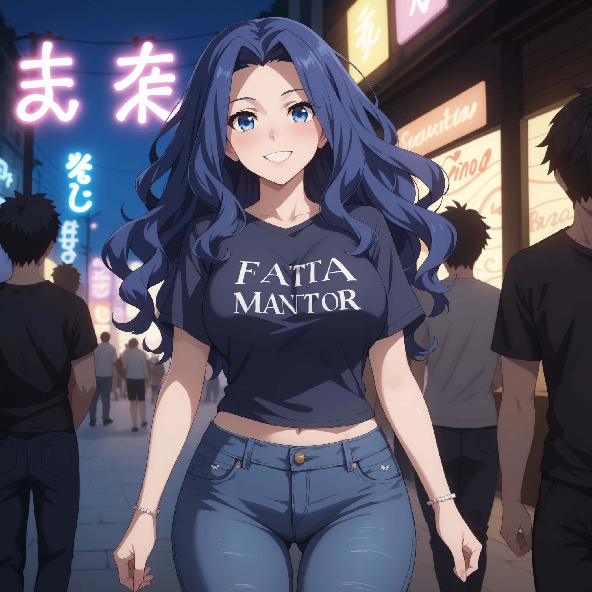 Melty Q Melromarc 24 years old, SeaArtai masterpiece, loose hair. detailed blue eyes ,smile, blush, curvy figure and big breasts, black t-shirt, short denim pants , highlighting her silhouette. .Background an electronic party at night, fiesta. neon lights , warm and soft lighting, highlighting the reflections in your skin and hair. anime-style,