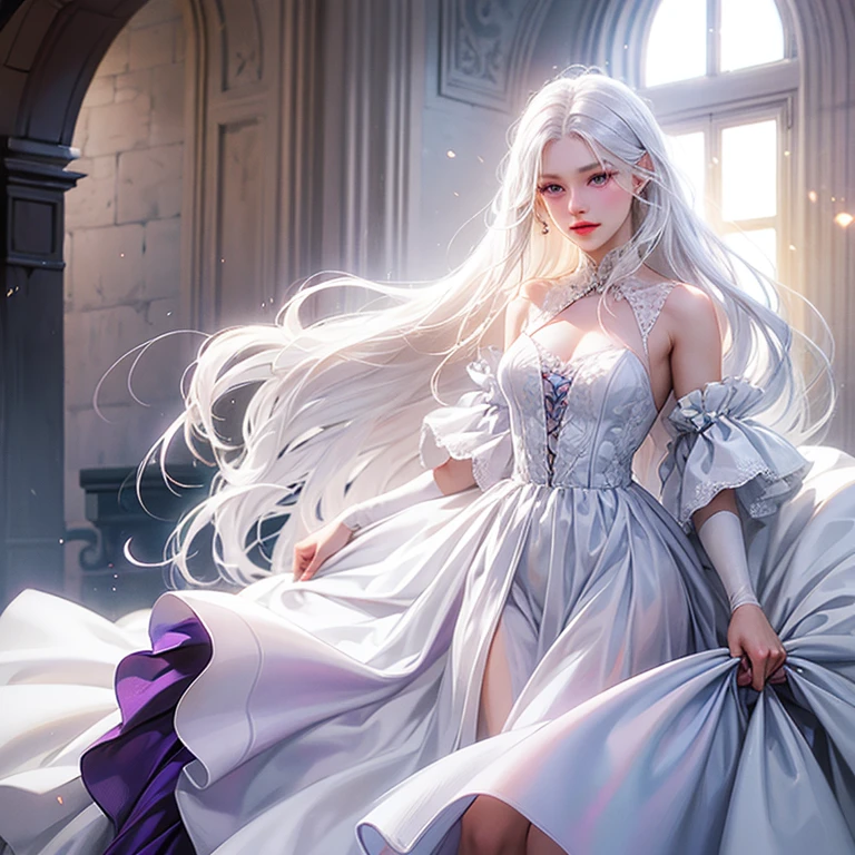 un gros plan d'une femme aux cheveux blancs et violets, femme forte, féroce, guerriere, pouvoir divin, sainte, déesse de la lumière, yeux rose avec touche de jaune, Belle peinture de personnage, Guweiz, artwork in the style of Guweiz, divinité aux cheveux blancs, art de personnage épique et exquis, art de personnage époustouflant