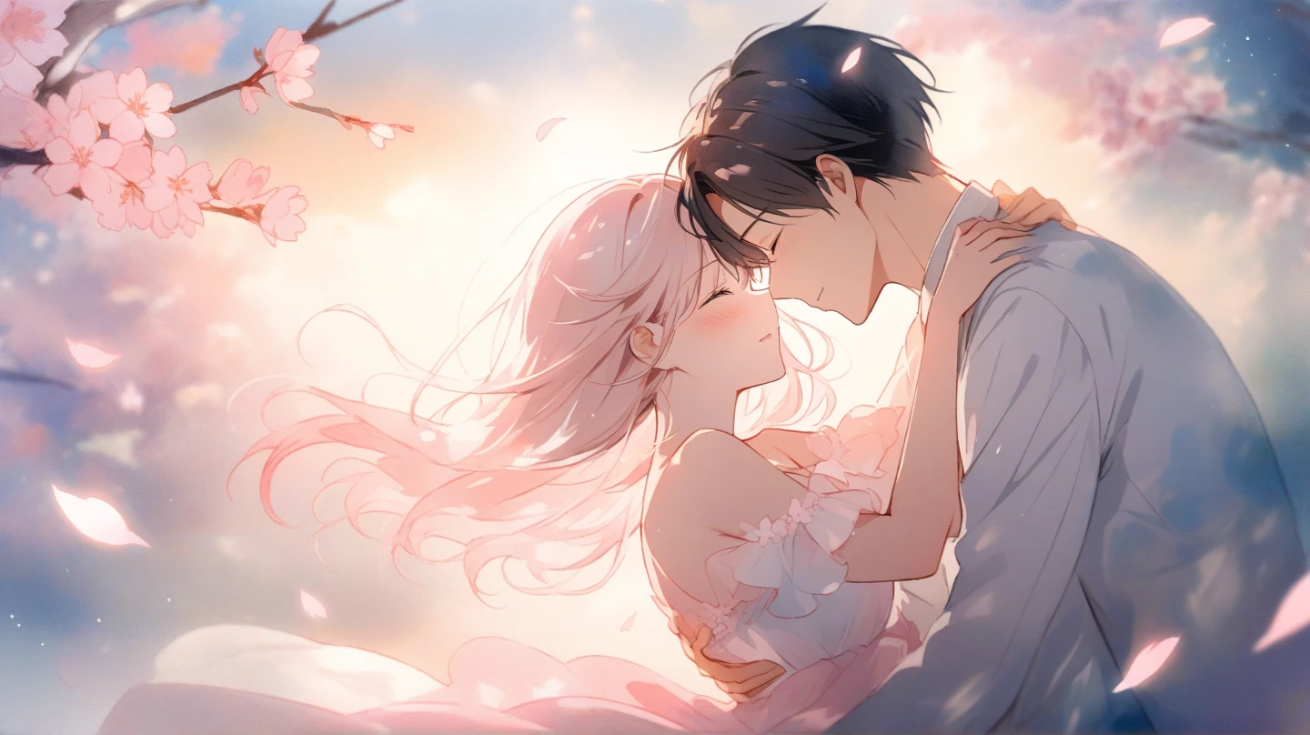 kiss、kiss、a couple、couple kissing、Romance、Overflowing、Full body painting、Fluttering chest、Wet shirt、Sheer lace underwear、Underwear to take off、teats、teatsが透ける、ピンクteats、pink areolae、clitoris、Inter-strands、a coupleポーズ, Engaging pose, kissing together cutely, passionate pose, 素敵なa couple, 1 male,(blonde hair with bangs, Gold Eyes、Tall、190cm、manly、handsome man、Beautiful shape、Best style、 Delicate prince,Beautiful prince,Strong body、Sexy costumes)(masutepiece, Digital Art, Digital Illustration, 4K, 8K, Ultra-detailed, beautiful image, Sharp Image, Photorealistic, Raw photo, Perfect face, Perfect lines, Perfect eyes, Soft lighting)、1 female(Pink hair,stright long hair、Pink eyes、cute large eyes,kindly smile、Flowers in the hair、flower petals)、face each other、Put your arms around your waist、hug、Grabbing the waist、is standing、araffe woman in a white lingerie posing for a picture, lingeries beauty, wearing sexy lingerie, , translucent dress, Translucent body, iridescent shiny sheer lingerie, sexy dress, wavy lingeries, smooth translucent white skin, lingerie, beautiful sexy woman photo, Sexy style, Lovely woman, transparent gray dress, Open V chest clothes, young graceful、The fountain、splash water、izumi, sunny day in a park, bright sunny day、bright sunny summer day,