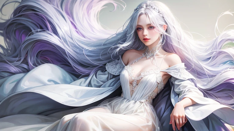 ,((Highest quality))),8k,((masterpiece)),(Very sophisticated and beautiful), The Swan Princess of Russian Mythology, Beautiful calm face, Long white hair braided, Loving eyes, Half-laugh, full length, Realism、sexly、sexly proportions,White eyebrows、Silver tiara、Silver earrings、White skin、Glowing Skin、Delicate hair、The background is inside a snow castle、Glowing Skin、White eyelashes、sitting、Leg spread、nsfw,Show your chest
