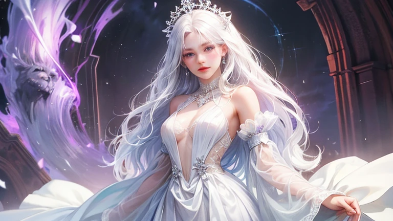(masterpiece), (best quality), illustration, Extremely detailed, HDR, Depth of Field, (rich and colorful), ,Goddess of harvest,Bare shoulders,Cold theme,Water Theme,White hair,Flash,White Dress,Dangling,Shut up,constellation,Flat Color,Weaving,Flash,White Robe,float,Shut up,constellation,Flat Color,look up,permanent,Medium Length Hair,permanent,Walking alone in the jungle