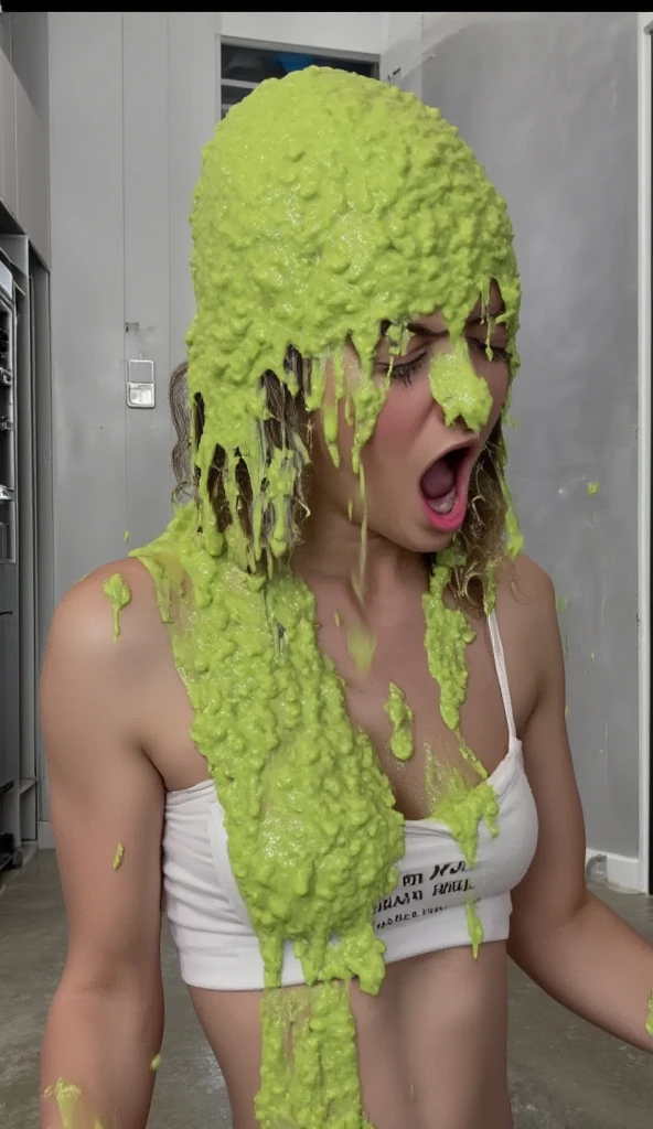 8k, HD, masterpiece, photo-realistic, extreme texture, Hayley Atwell, (1 woman: 1.2), (tan skin: 1.1), wearing a (black crew neck t-shirt and blue jeans) standing, view from a distance, she looks up at camera, shocked laughing, (slime drips down into her:1.5), (messy television gameshow:1.6), Nickelodeon awards show, (big colourful television studio)