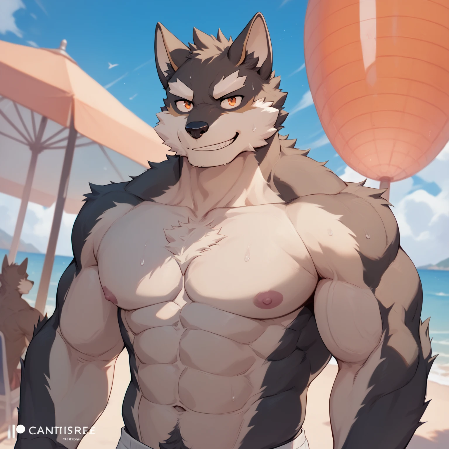 Mr wolf, male, wolf, shirtless, wearing black pants, happy, bare feet, at the beach, hairy armpits, hd 8k