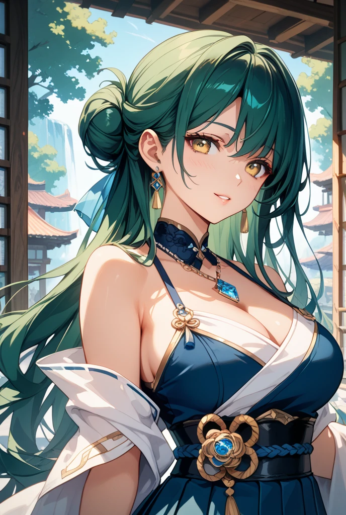 Kuki Shinobu Genshin Impact, Whole body, (NSTDA.:1.2), (10, beste-Qualit, master-piece: 1.4), ultra-high resolution, (lifelike, photorealistic portrait: 1.48), 20 age, Cute Girl, Nude, Famous Japanese actors, gigantic breasts, Blue Eyes, Head tilt, cowboy shot, from the side, looking at the audience, expressionless, Beautiful lake, Zeiss 150mm F/ 2.8 Hasselblad, In Japanese shrines, Whole body, foot, Ultra-Wide Angle