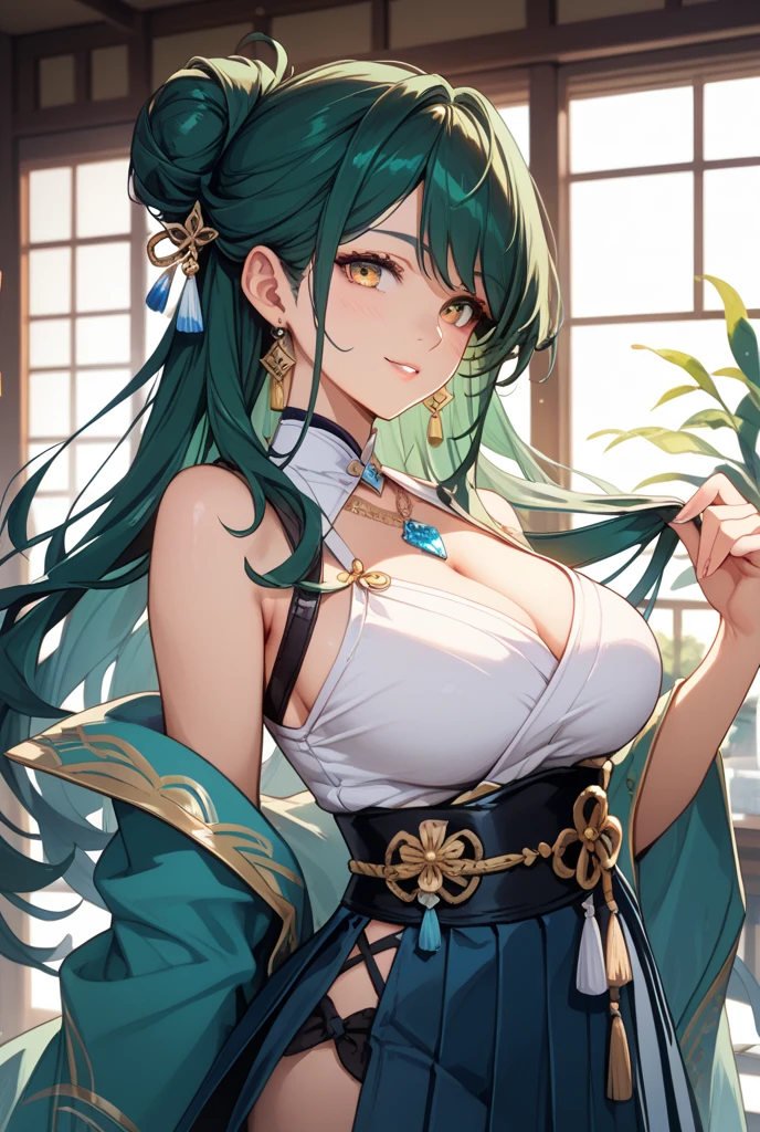 Gal、Costumes from the Warring States Period、Her chest is exposed、Too much exposed skin、laughing、Green Hair、Emphasize large breasts、Around 25 years old、Anime style illustrations