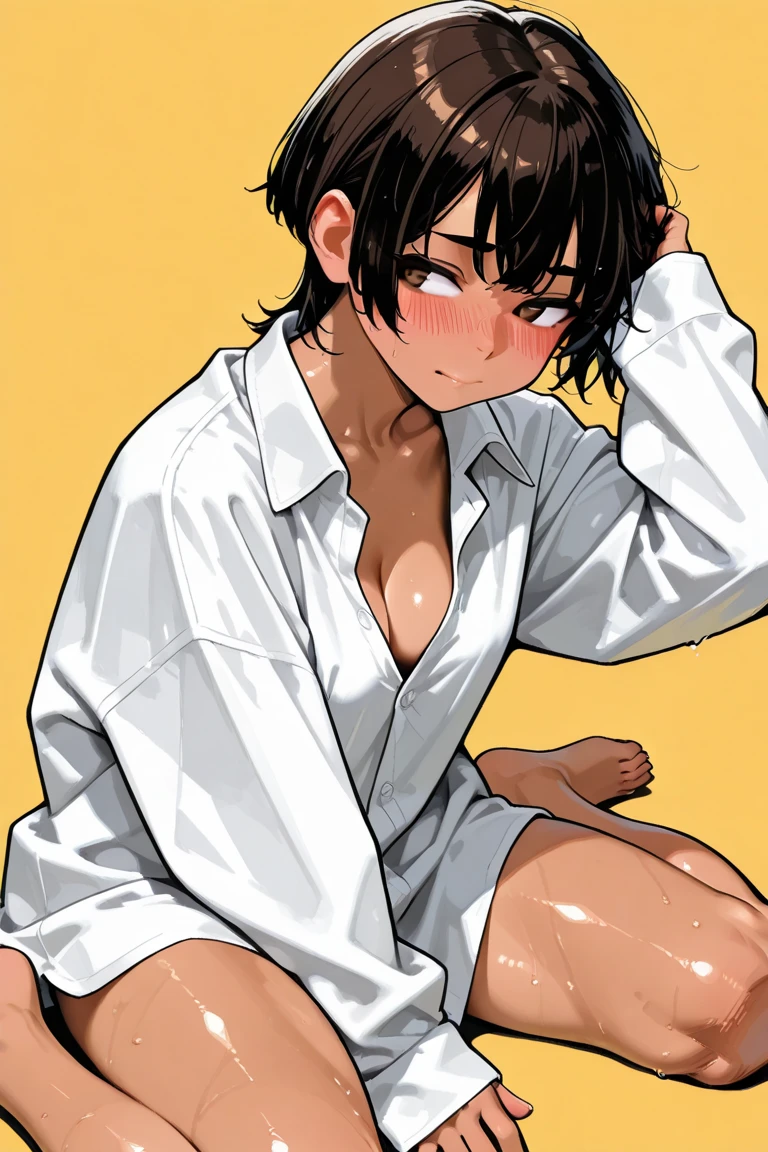 (1 boy 20 years old solo:1.4),(flat chest:1.4),(dark skin:1.5), (masterpiece:1.2), highest quality, High resolution, unity 8k wallpaper, (fine and beautiful eyes:1.6), highly detailed face, perfect lighting, Detailed CG, (perfect hands, perfect anatomy), 20 years old, (black hair:1.3), detailed eyes, best quality, extremely detailed, very precise detailed, (glasses:1.4), (blunt bangs:1.3), (open mouth:1.2), (bob cut:1.5), (Sandals:1.2), (evil smile:1.4), , (half closed eyes:1.3) ,long sidelocks, (blush:1.3),(kneeling:1.3),(Put left knee in front:1.5),(arabian clothes:1.5),,(harem pants:1.6),(arms behind head),spread legs,(white veil:1.3),(pelvis cloth:1.5),(steam:1.5),(spoken heart:1.4)