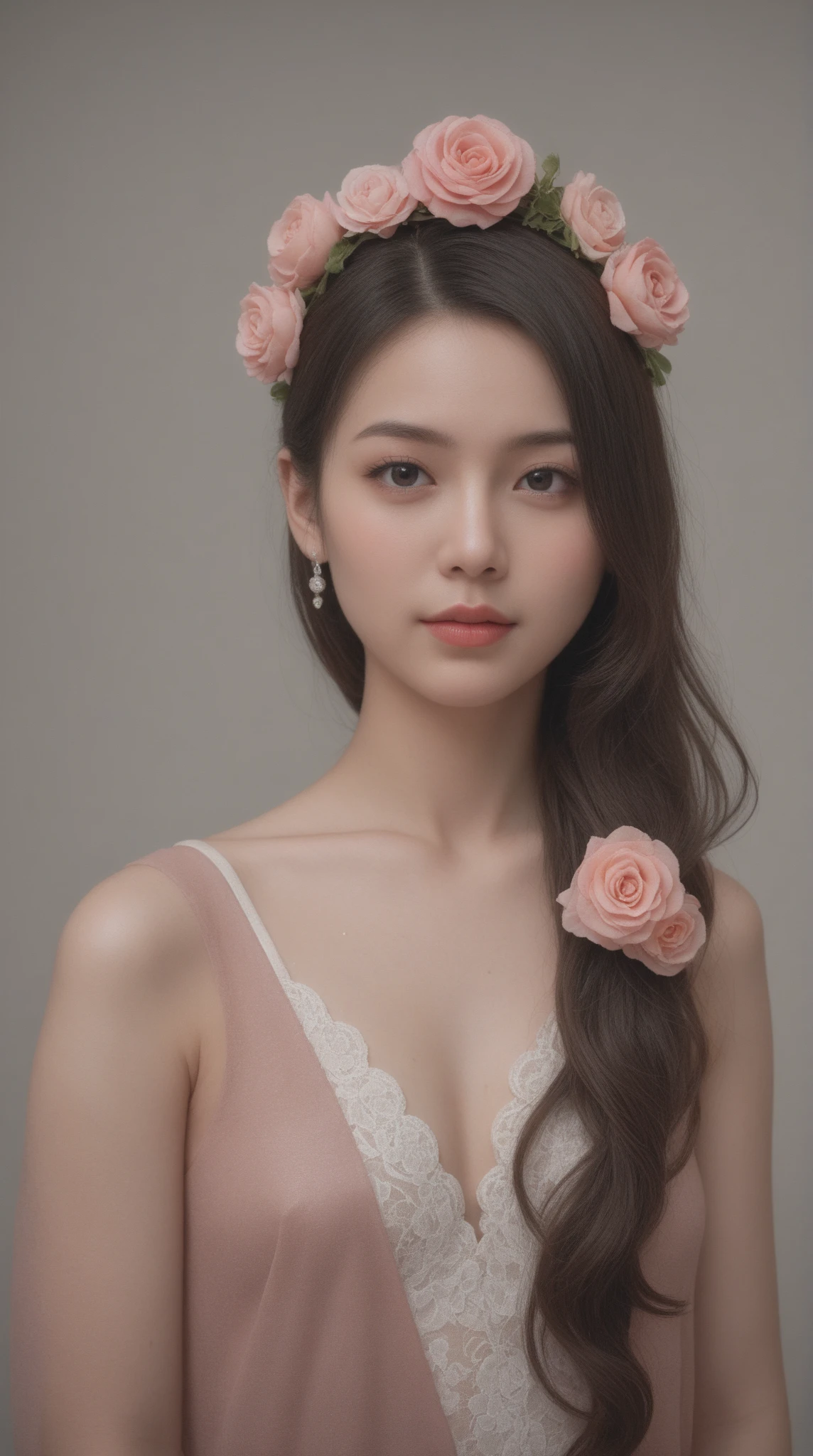 (masterpiece, top quality, 8k, best quality, official art, beautiful and aesthetic:1.2), very detailed,(fancy:1.2), (various flowers:1.5), (numerous flowers 1.5), Symmetry, (abstract background:1.3), (glowing skin), (various colors:1.4), (many vines:1.2), (leaf: 1.2), Upper body emphasis, (Pink silk chiffon dress: 1.3), (medium chest), new age style, short hair perm, smile, dickey, fruit, garden