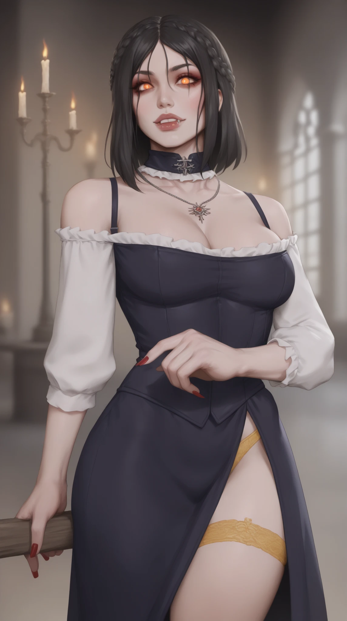 "The woman stands out in her elegant ensemble, featuring a form-fitting black dress that tastefully accentuates her curvy silhouette. The dress, paired with a flowing black cape, not only underscores her voluptuous figure but also adds a touch of drama. Her generous bust, a prominent aspect of her physique, is subtly highlighted by the cut of the dress, which celebrates her feminine contours without undue emphasis on specific measurements. The breasts measuring 118.5 cm in diameter."