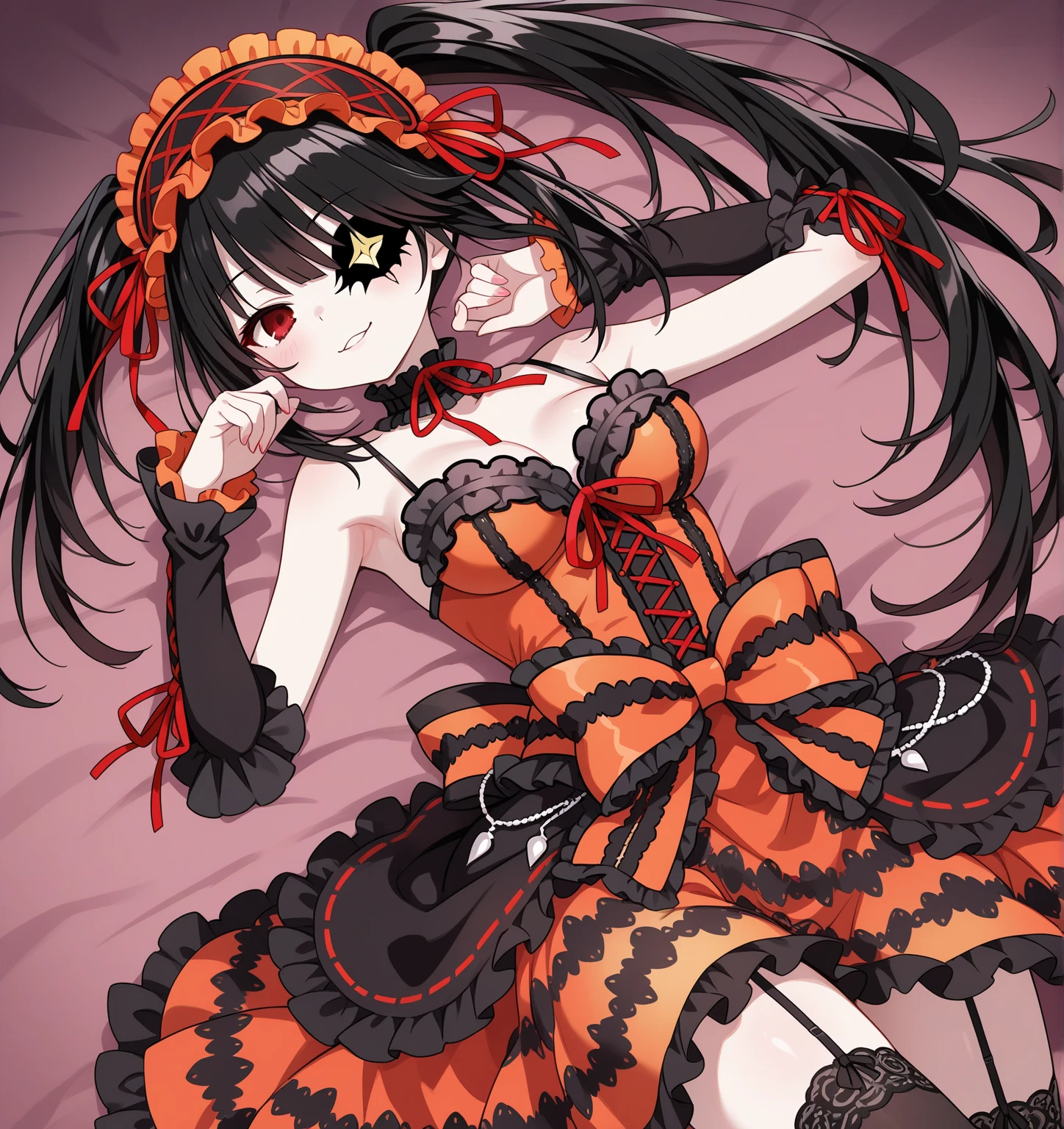 KurumiBase, (clock eyes), heterochromia, twintails, hairband, red dress, frills, detached sleeves, frilled choker,Lying down,bed,Blushing,View your viewers,Open Mouth Smile,Face close up,Simple Background,,best image quality,highest quality