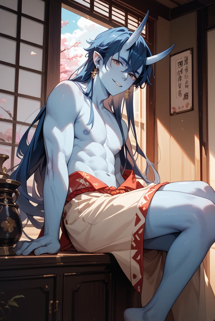 (absurdres, highres, ultra detailed, realistic, closed eyes), masculine man, solo, alone, sea, deep blue hair, blue scales on skin, pale skin, golden hunter eyes, navy blue horns curved backwards, serene expression, traditional clothes, dragon tail, more clothes on legs, shiny eyes, better eyes